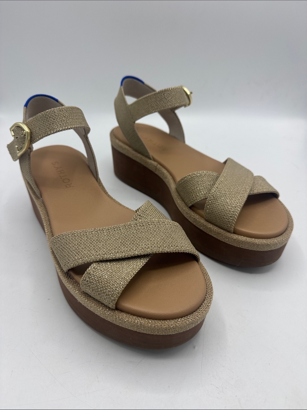 NWT Rothys The Wedge Sandal Gold Metallic Knit Platform Criss Cross Ankle Strap